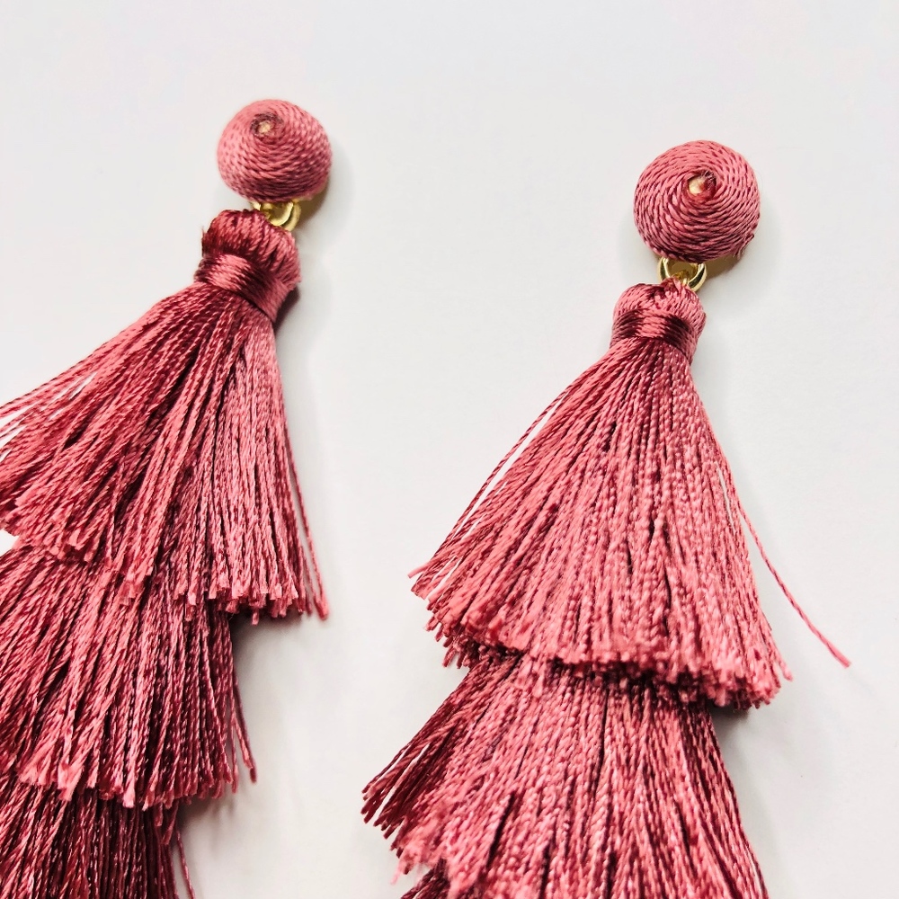 Naya Dusty Rose Tiered Tassel Statement Earrings - Picture 7 of 8